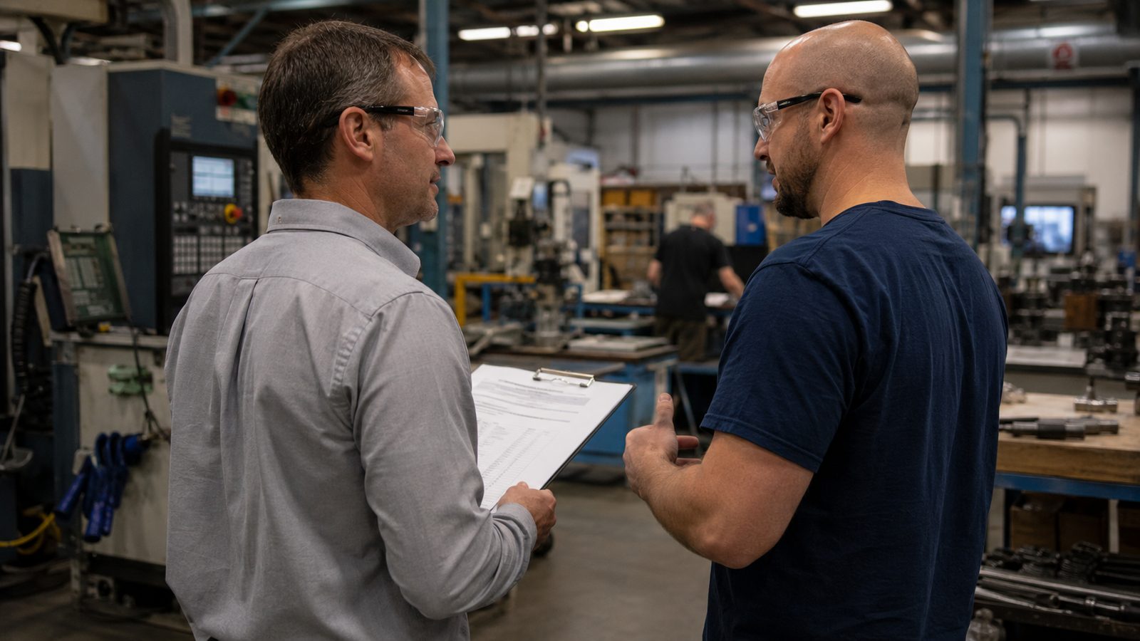 An owner and a member of his team talking on the shop floor of an established engineering business.