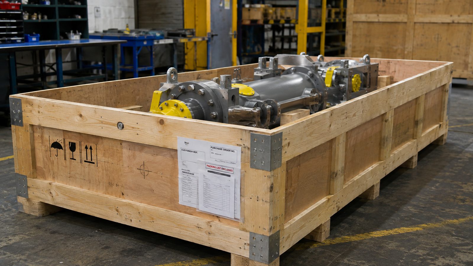 A finished assembly crated, labelled and ready to ship from a UK engineering works.