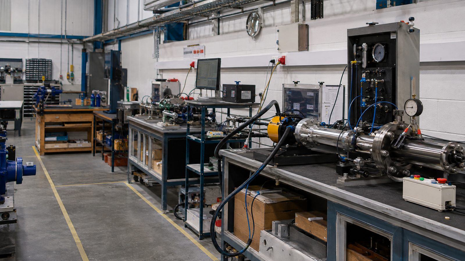 A test and calibration bench in a UK specialist engineering facility.